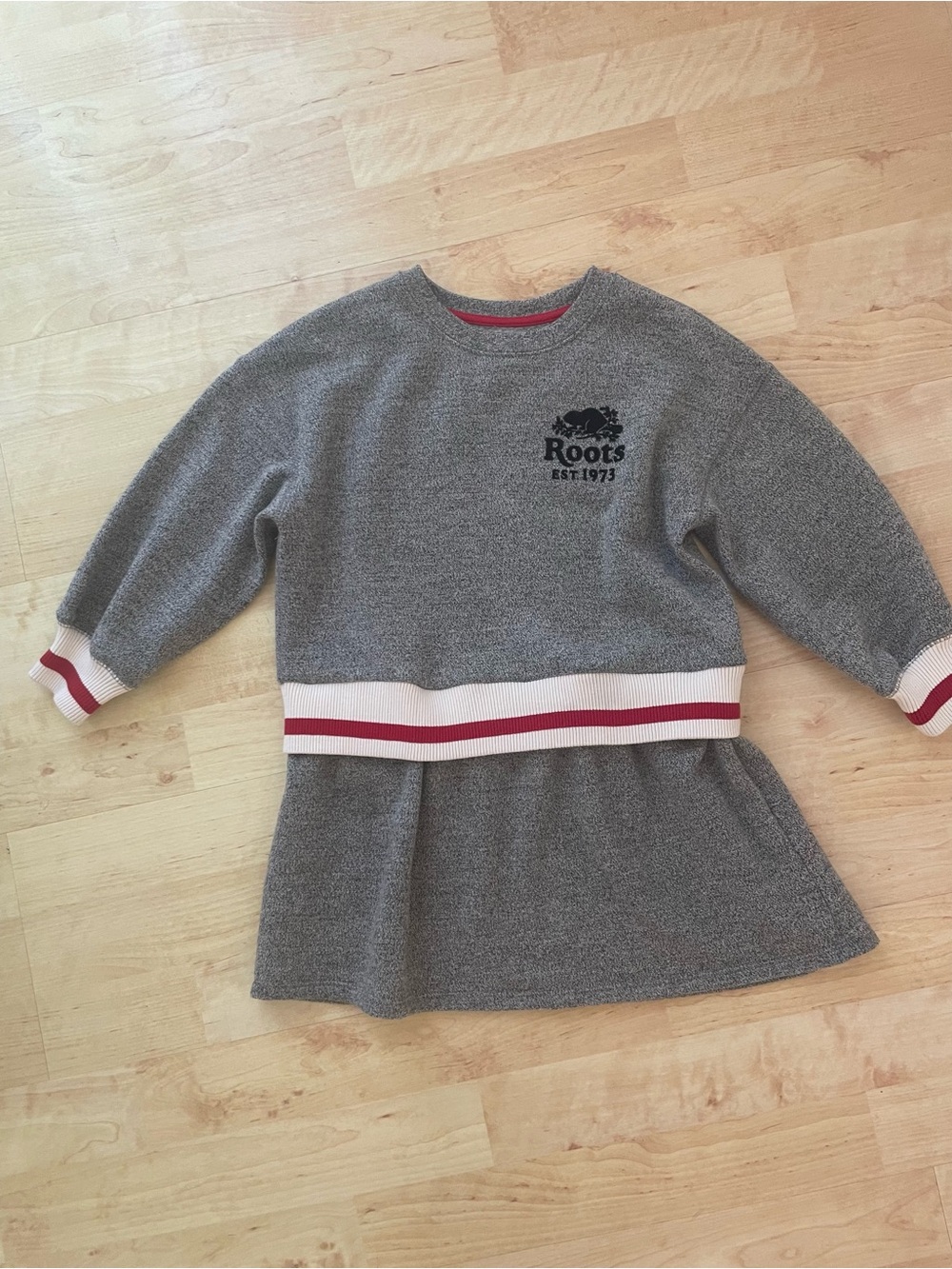Roots Girls Grey Sweatshirt Dress with Red & White Trim